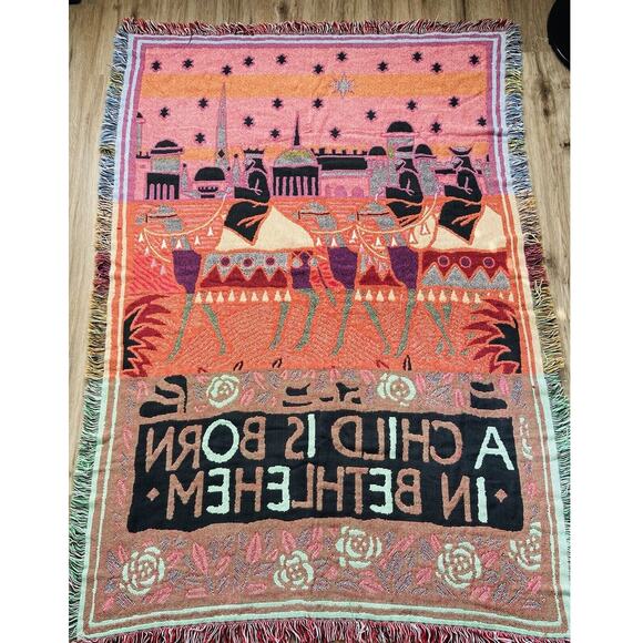 Woven Tapestry Throw Blanket Christmas Wise Men Child Born Bethlehem Reversible - Picture 9 of 16